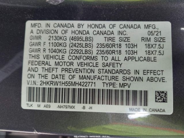 2HKRW1H55MH422771 Honda Cr-v 2wd Ex