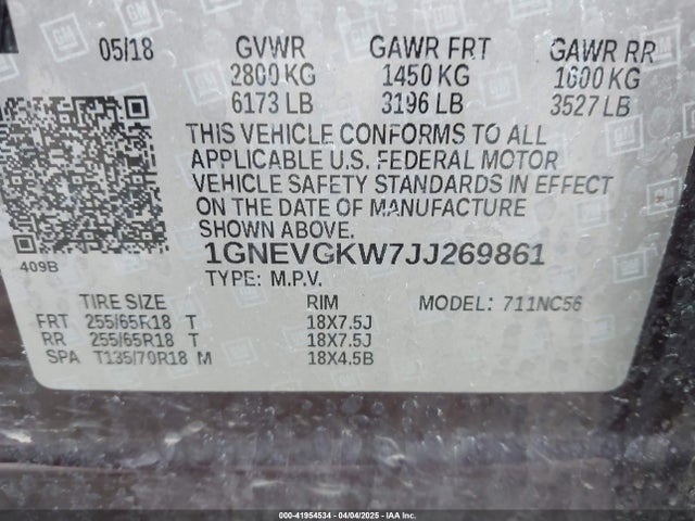 1GNEVGKW7JJ269861 Chevrolet Traverse 1lt