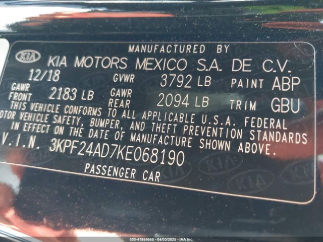 3KPF24AD7KE068190 KIA Forte Lxs