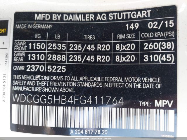 WDCGG5HB4FG411764 Mercedes-Benz GLK 350