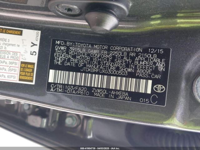 JTDKBRFUXG3000503 Toyota Prius Two