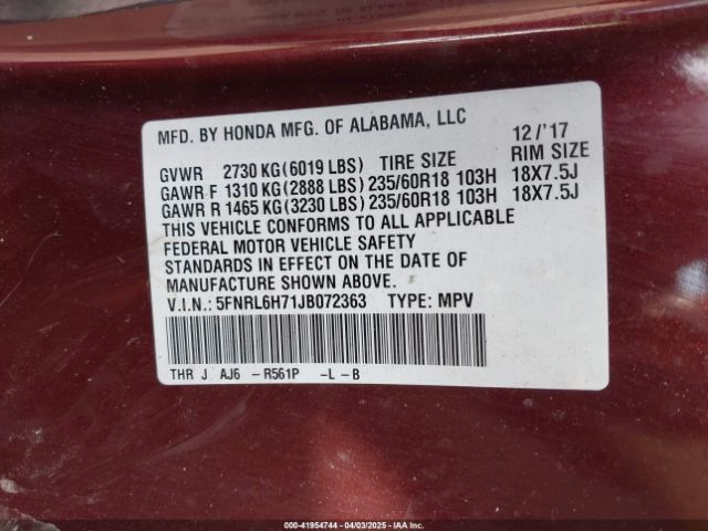 5FNRL6H71JB072363 Honda Odyssey Ex-l