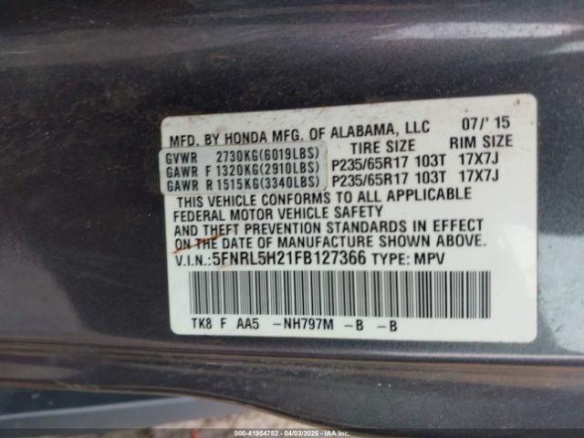 5FNRL5H21FB127366 Honda ODYSSEY LX