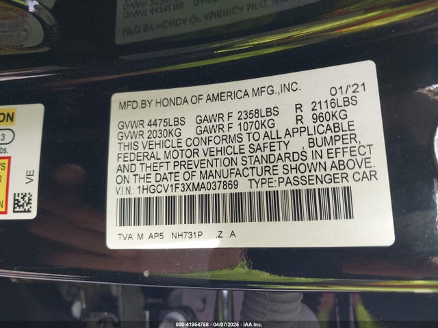 1HGCV1F3XMA037869 Honda Accord Sport