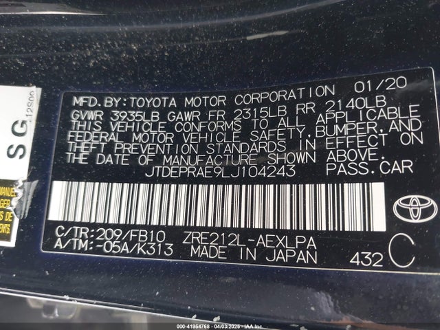 JTDEPRAE9LJ104243 Toyota COROLLA LE