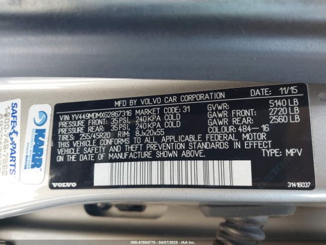 YV449MDMXG2867316 Volvo Xc60 T6 Drive-e Platinum