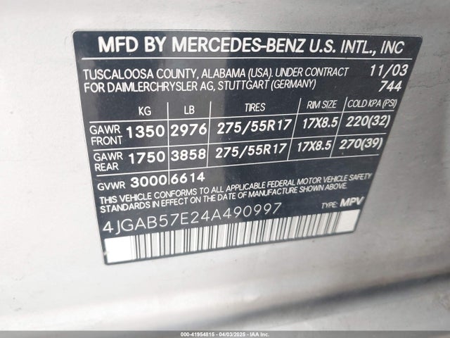 Продаж на аукціоні авто 2004 Mercedes-benz Ml 350, vin: 4JGAB57E24A490997, номер лоту: 41954815