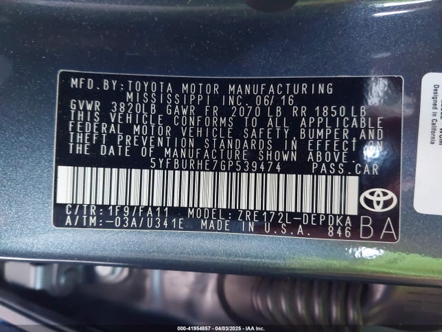 5YFBURHE7GP539474 Toyota COROLLA L