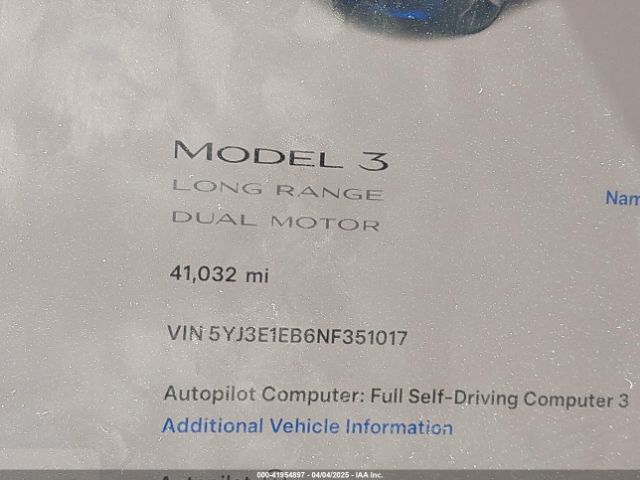 5YJ3E1EB6NF351017 Tesla Model 3 Long Range Dual Motor All-wheel Drive