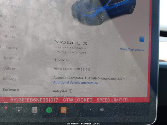 5YJ3E1EB6NF351017 Tesla Model 3 Long Range Dual Motor All-wheel Drive