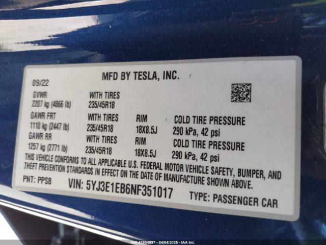 5YJ3E1EB6NF351017 Tesla Model 3 Long Range Dual Motor All-wheel Drive
