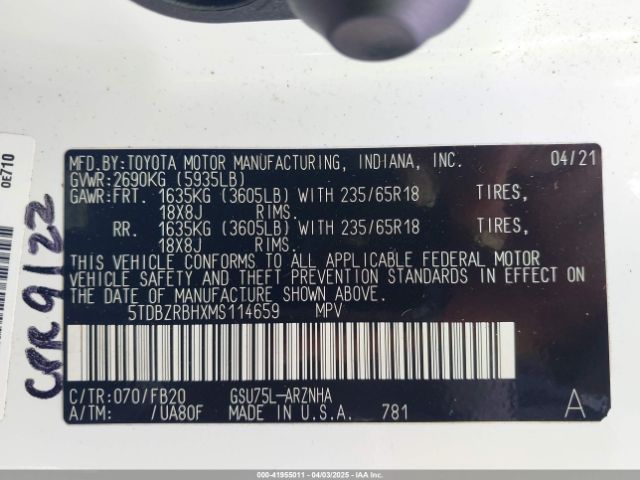 5TDBZRBHXMS114659 Toyota Highlander Le