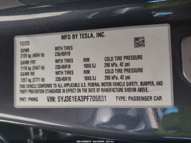 5YJ3E1EA3PF705831 Tesla Model 3 Rear-wheel Drive