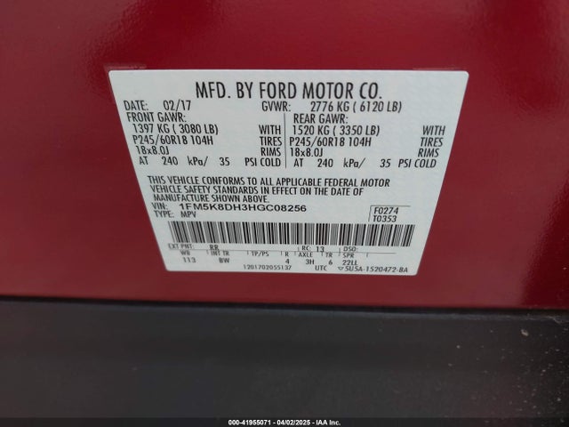 1FM5K8DH3HGC08256 Ford EXPLORER XLT