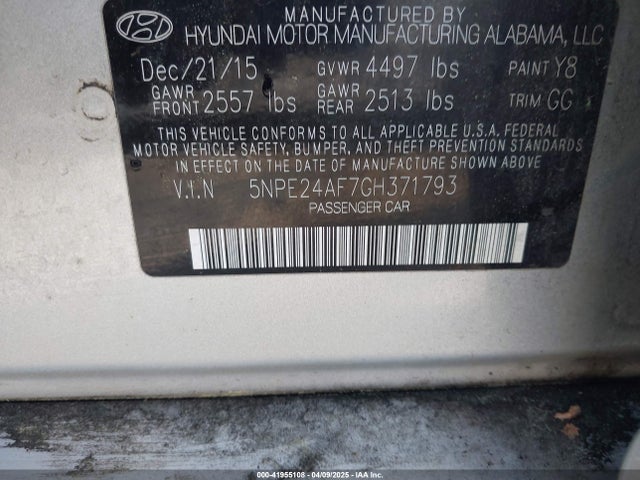 5NPE24AF7GH371793 Hyundai SONATA SE