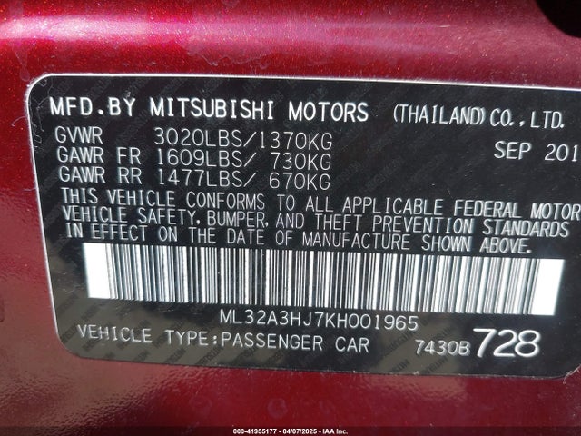 ML32A3HJ7KH001965 Mitsubishi MIRAGE ES