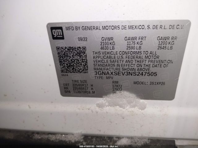 3GNAXSEV3NS247505 Chevrolet Equinox Awd Ls