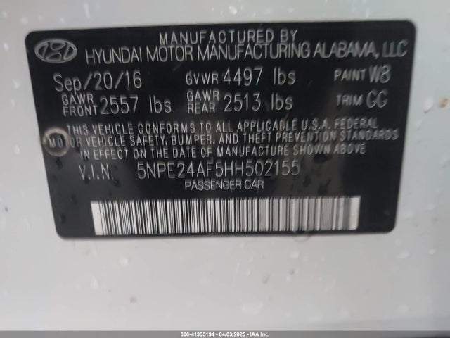 5NPE24AF5HH502155 Hyundai Sonata