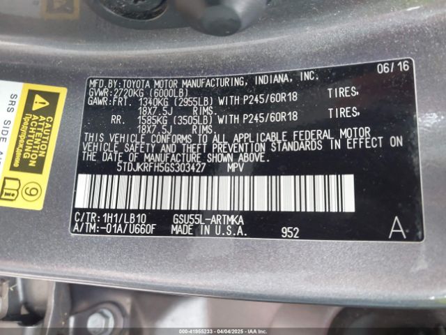 5TDJKRFH5GS303427 Toyota Highlander Xle V6