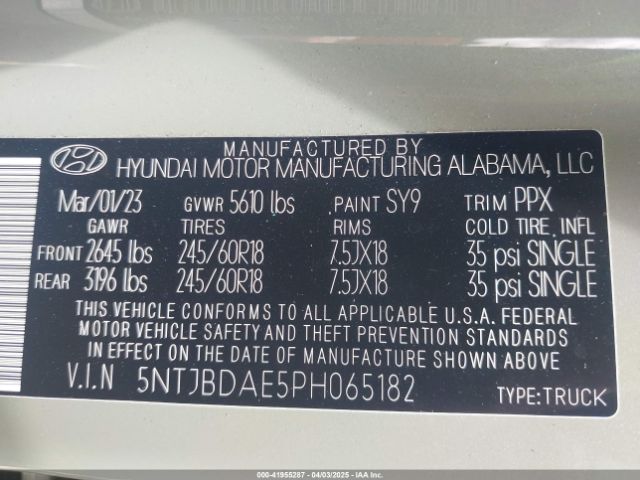 5NTJBDAE5PH065182 Hyundai Santa Cruz Sel