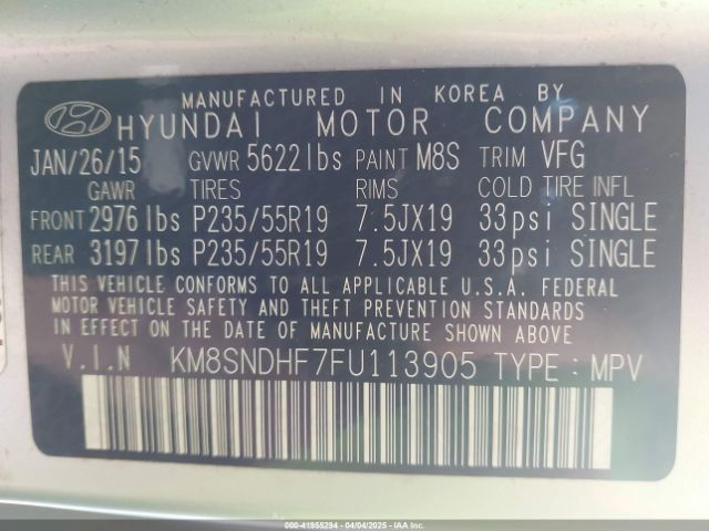 KM8SNDHF7FU113905 Hyundai Santa Fe Limited