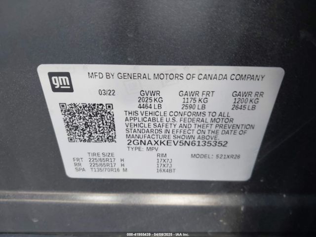 2GNAXKEV5N6135352 Chevrolet Equinox Fwd Lt