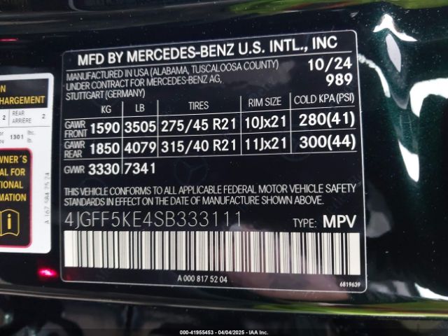 4JGFF5KE4SB333111 Mercedes-Benz Gls 450 4matic