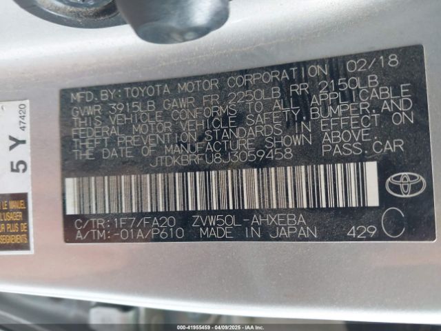 JTDKBRFU8J3059458 Toyota Prius Two