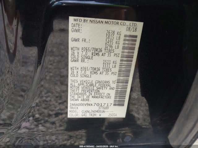 1N6AD0EV9KN701717 Nissan Frontier Sv