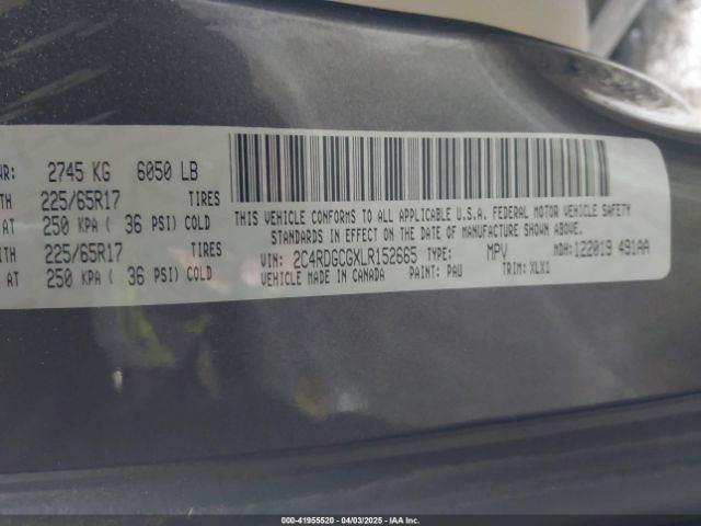2C4RDGCGXLR152665 Dodge Grand Caravan Sxt