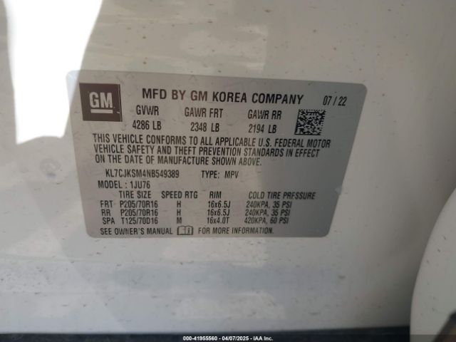 KL7CJKSM4NB549389 Chevrolet Trax Fwd Ls