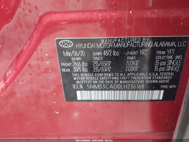 5NMS3CAD0LH236168 Hyundai Santa Fe Sel