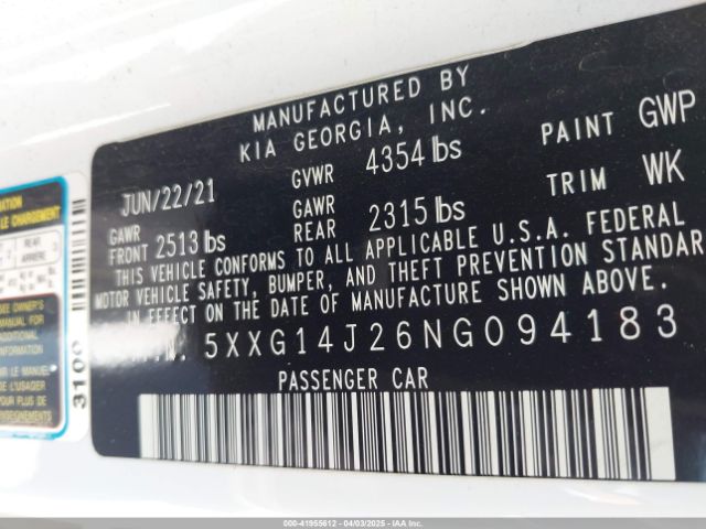 5XXG14J26NG094183 KIA K5 LXS