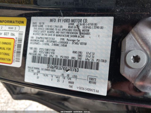 3FA6P0LU7KR131763 Ford Fusion Hybrid Se