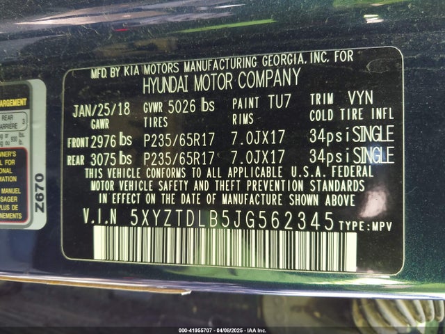 5XYZTDLB5JG562345 Hyundai gdi theta ii