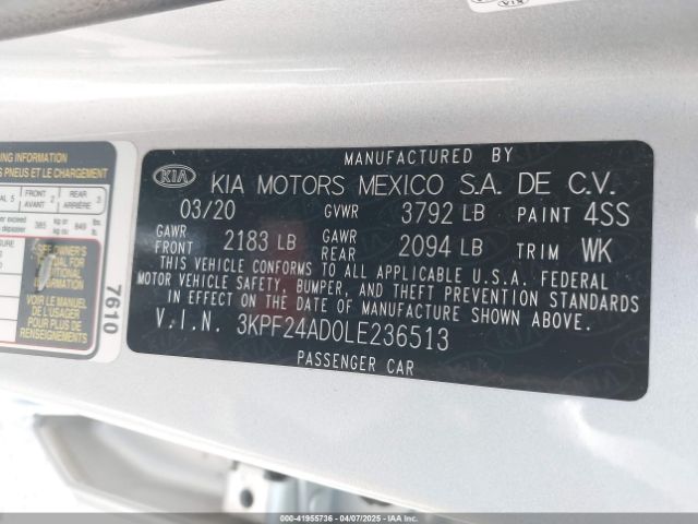 3KPF24AD0LE236513 KIA Forte Lxs