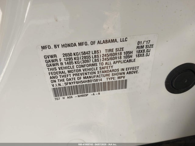 5FNYF6H54HB015814 Honda Pilot Ex-l