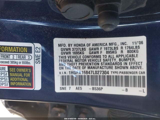 41955789 :رقم المزاد ، 1HGFA16847L027304 vin ، 2007 Honda Civic Ex مزاد بيع