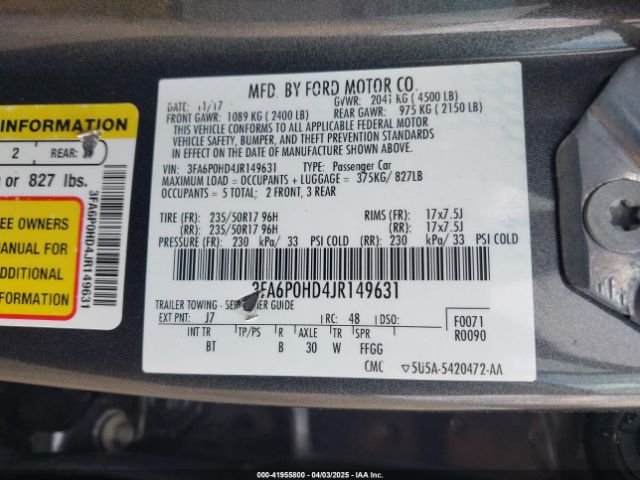 3FA6P0HD4JR149631 Ford FUSION SE