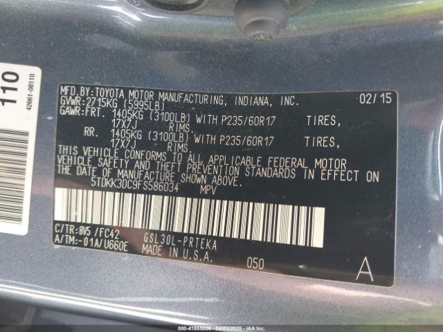 2015 TOYOTA SIENNA 5TDKK3DC9FS586034 Photo 8