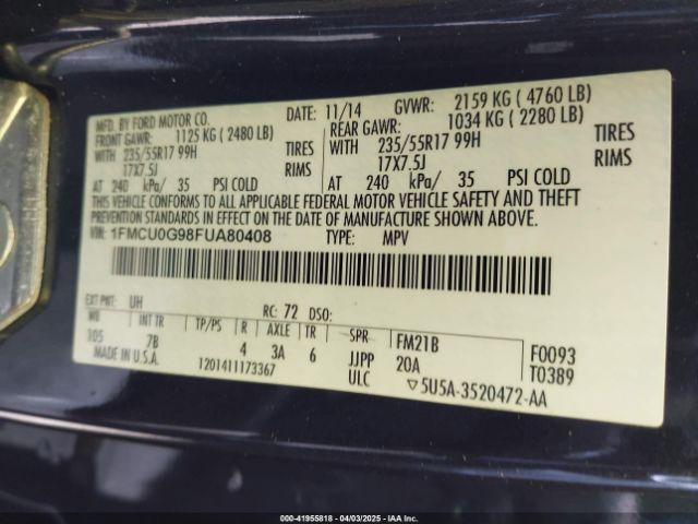 1FMCU0G98FUA80408 Ford ESCAPE SE