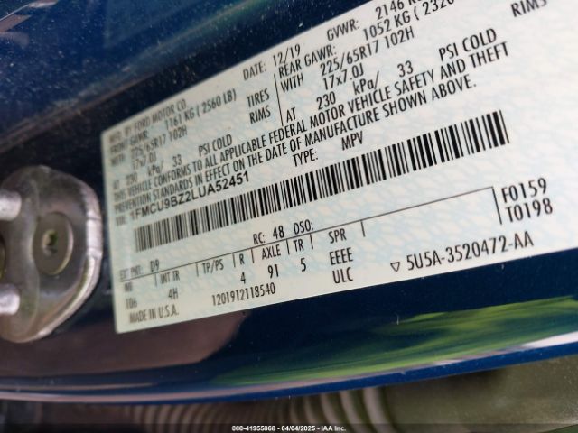 1FMCU9BZ2LUA52451 Ford Escape Se Sport Hybrid