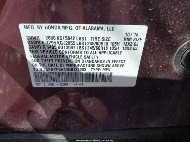 5FNYF6H44GB121203 Honda Pilot Ex