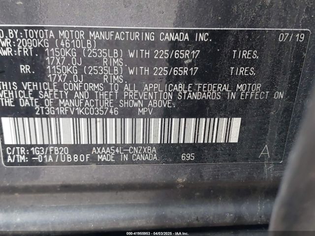 2T3G1RFV1KC035746 Toyota RAV4 LE