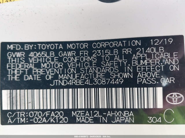 JTND4RBE4L3087449 Toyota COROLLA SE