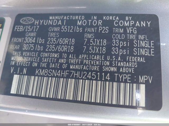 KM8SN4HF7HU245114 Hyundai Santa Fe Se