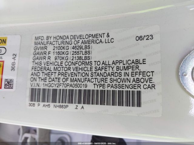 1HGCY2F70PA050019 Honda Accord Hybrid Sport-l