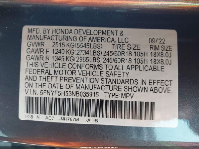 5FNYF5H53NB035915 Honda Pilot 2wd Ex-l