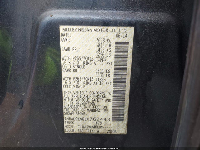 1N6AD0EV0EN762443 Nissan Frontier Sv
