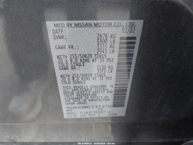5N1DR3CB8NC232370 Nissan Pathfinder Sl 2wd